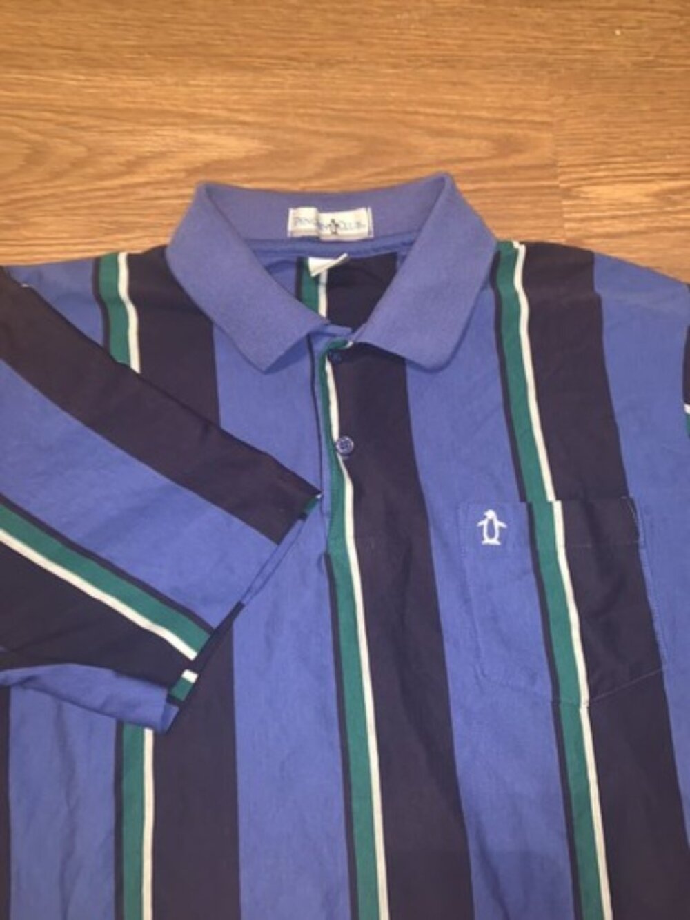 Penguin Club Men’s Short Sleeve Polo Large Blue Green Black Striped VTG Style